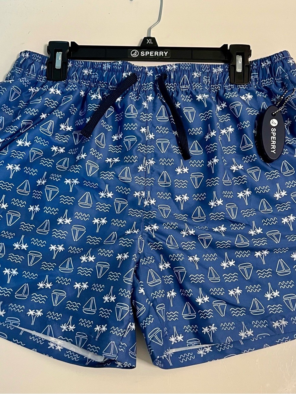 Sperry Navy Blue Sailboat Print Swim Trunks